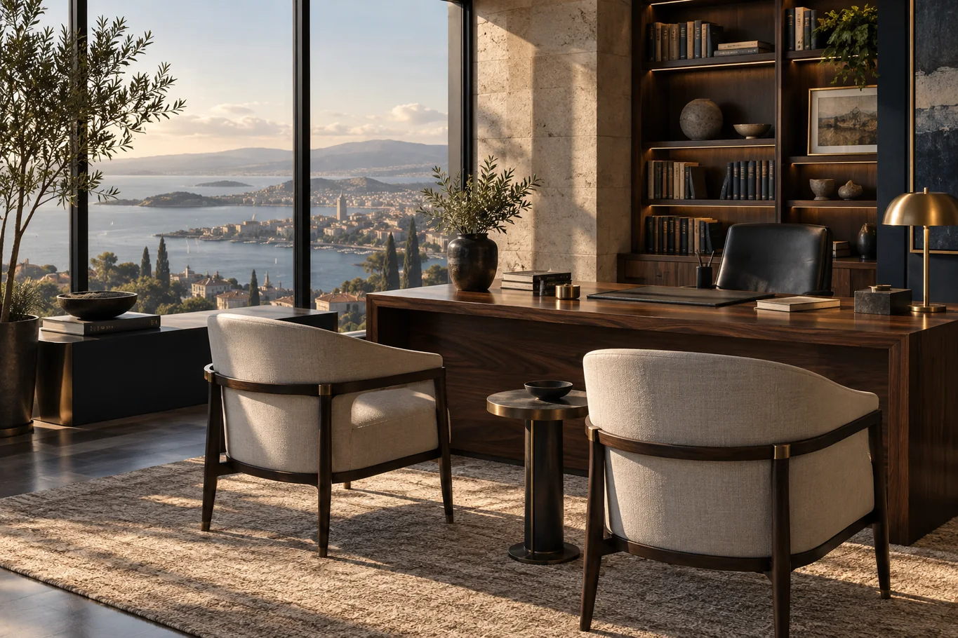 Concept image of a quiet private advisory interior overlooking a coastal city
