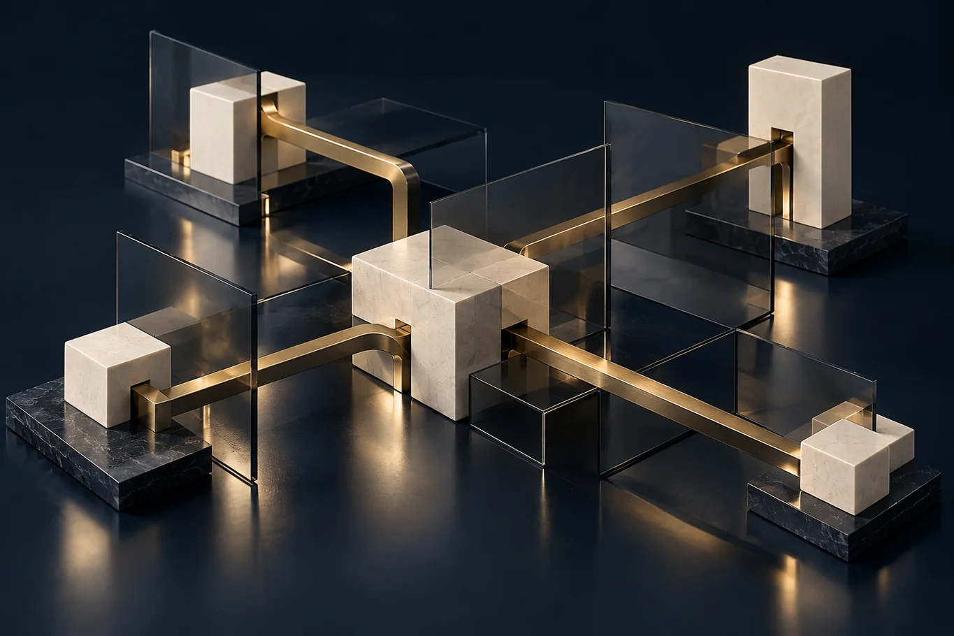 Concept image of interconnected glass, brass and stone technology platforms