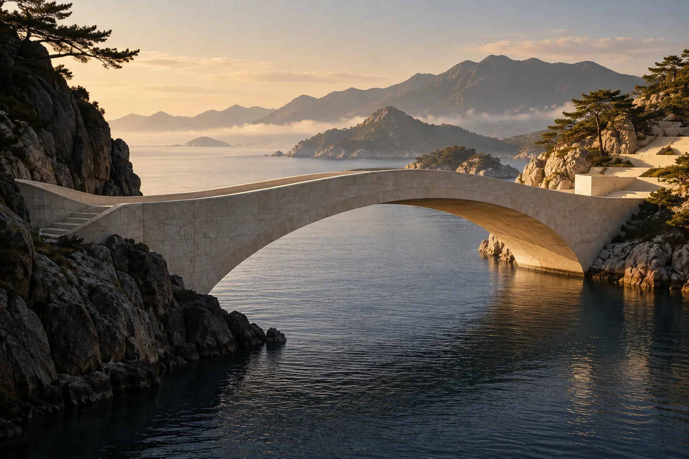 Concept image of a sculptural stone bridge joining two rocky shores